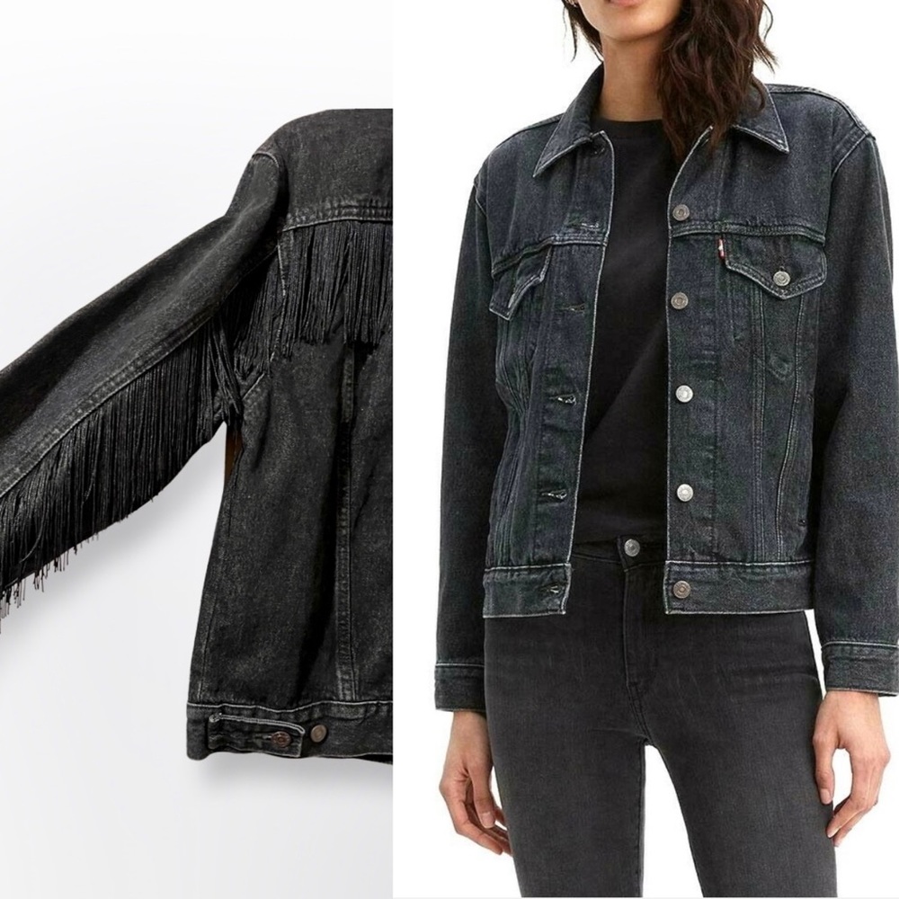 Levi’s Ex-Boyfriend Fringe Denim Trucker Jacket Faded Black Women's M